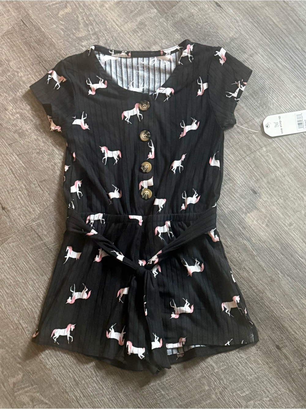 Black Kids Unicorn Print Romper with Buttons from One Step Up B3